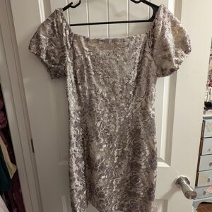 ANTONIO MELANI Lace Puff Sleeve Mini Dress in Light Taupe